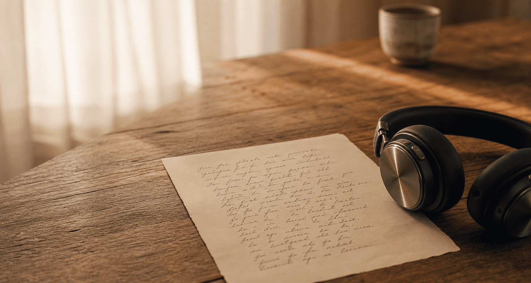 A handwritten letter and headphones on a sunlit wooden table